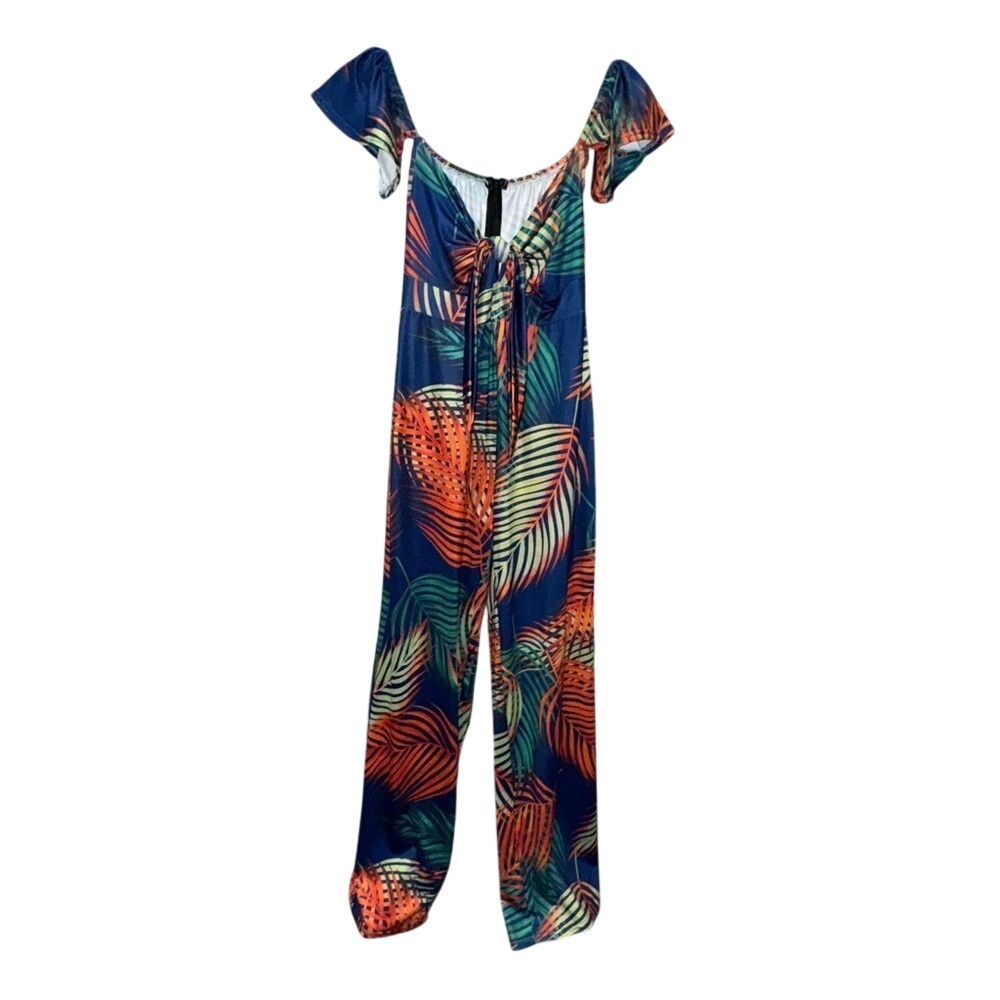 Tropical Palm Leaf Wide Leg Jumpsuit Navy Blue Orange Flutter Sleeve Tie Front